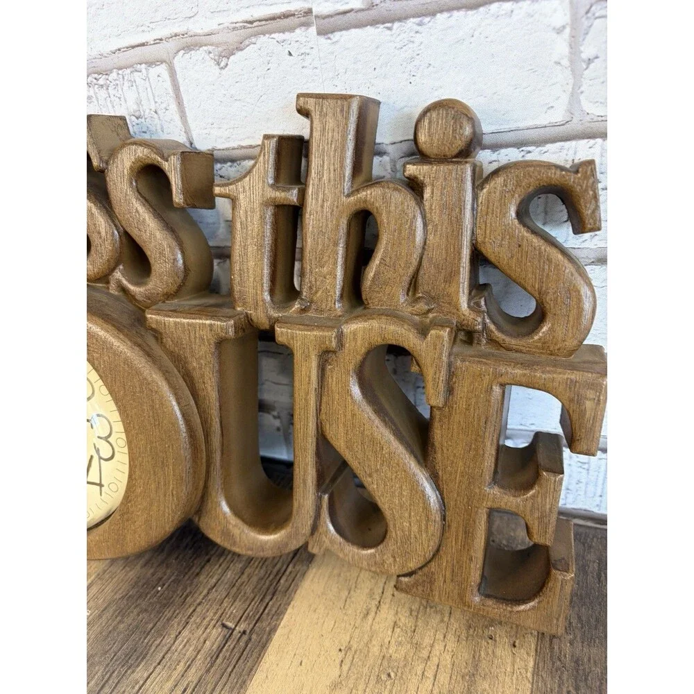 Vintage Wall Clock “Bless This House” By Burwood 1980’s Brown WORKS